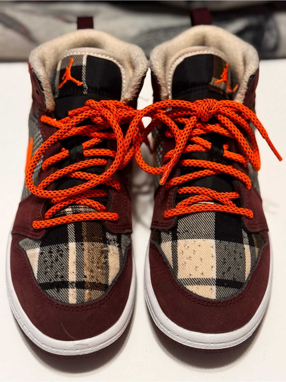 Nike Kids Burgundy Plaid High-Top Sneakers with Orange Laces